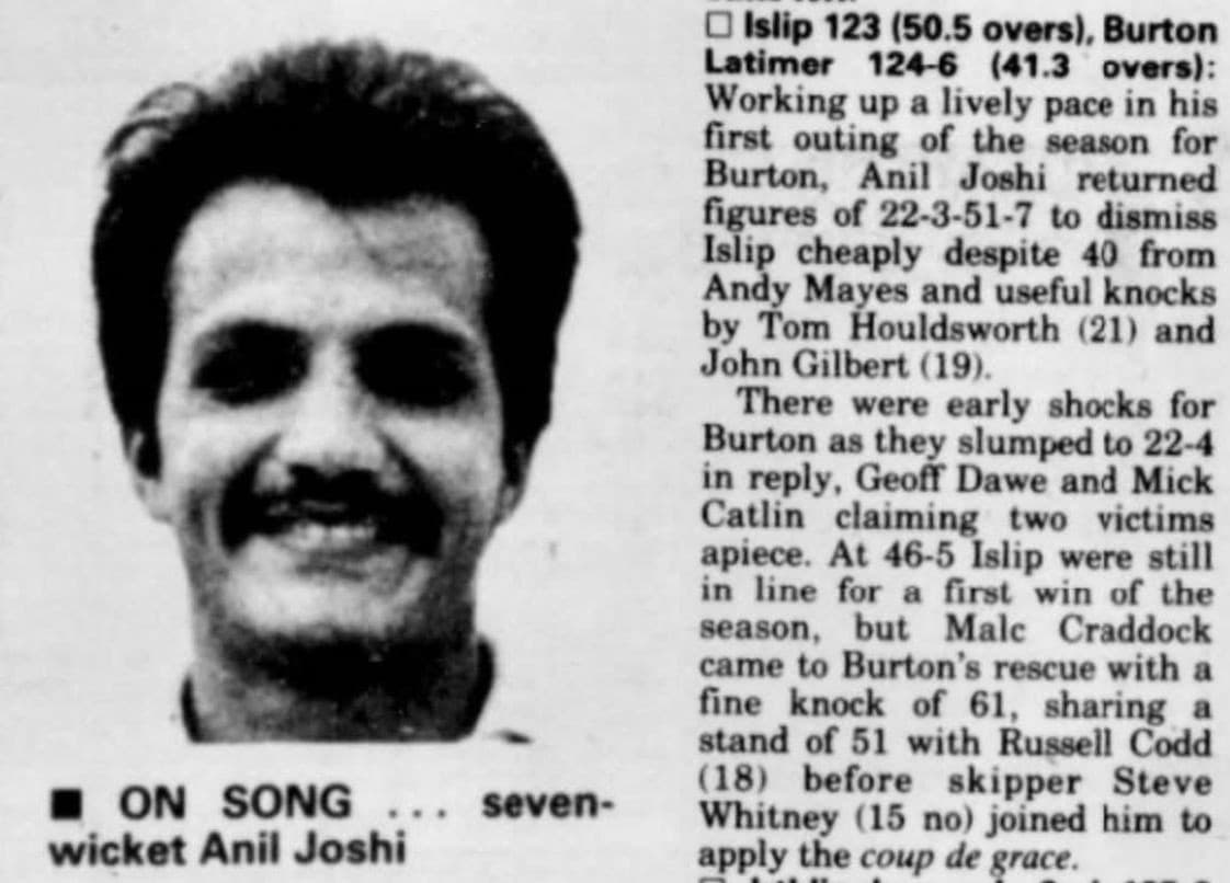 Newspaper clipping of Anil Joshi's seven-wicket haul